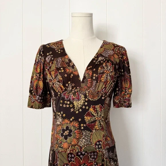 Vintage 1970s Floral Fall Brown Orange Maxi Dress